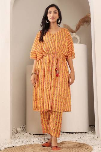 Floral Printed V-Neck Pure Cotton Kaftan Kurta With Trouser