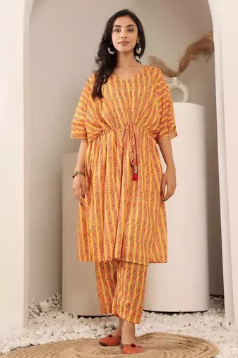 Floral Printed V-Neck Pure Cotton Kaftan Kurta With Trouser
