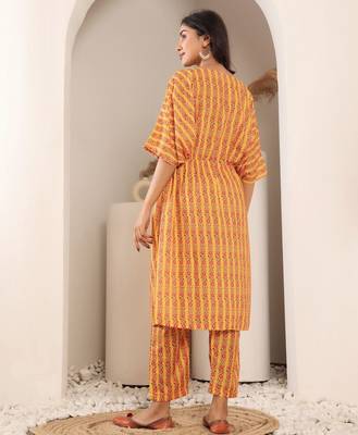 Floral Printed V-Neck Pure Cotton Kaftan Kurta With Trouser 6