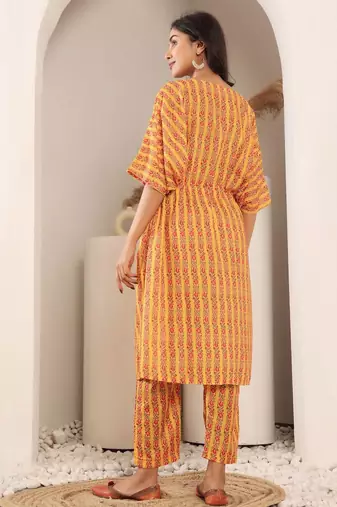 Floral Printed V-Neck Pure Cotton Kaftan Kurta With Trouser