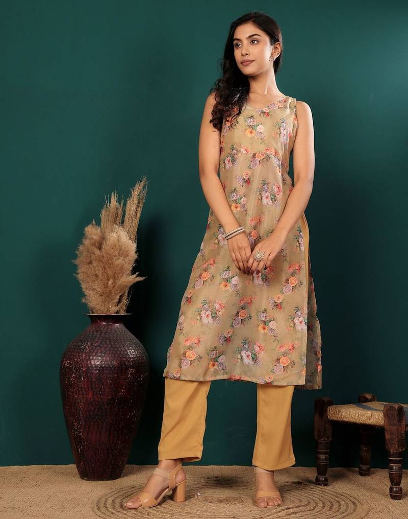 Floral Printed V-Neck Empire Straight Kurta With Trouser