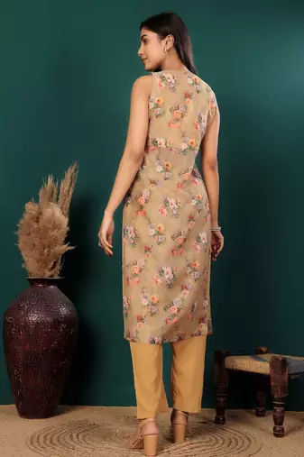 Floral Printed V-Neck Empire Straight Kurta With Trouser