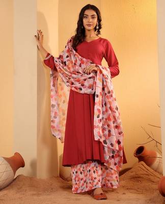 Maroon V-Neck Long Sleeves Anarkali Kurta With Palazzo & Dupatta 1