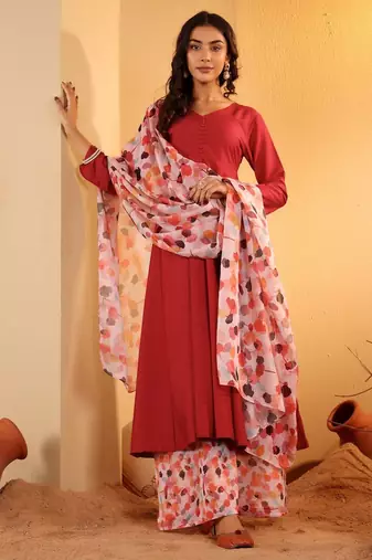 Maroon V-Neck Long Sleeves Anarkali Kurta With Palazzo & Dupatta
