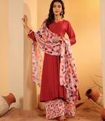 Maroon V-Neck Long Sleeves Anarkali Kurta With Palazzo & Dupatta