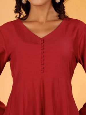 Maroon V-Neck Long Sleeves Anarkali Kurta With Palazzo & Dupatta 2