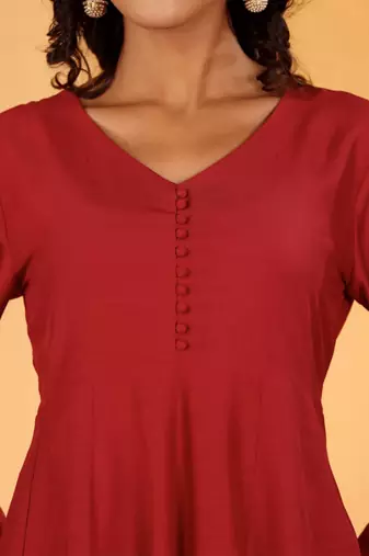 Maroon V-Neck Long Sleeves Anarkali Kurta With Palazzo & Dupatta