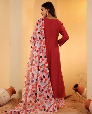 Maroon V-Neck Long Sleeves Anarkali Kurta With Palazzo & Dupatta 4