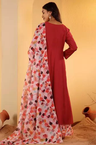 Maroon V-Neck Long Sleeves Anarkali Kurta With Palazzo & Dupatta