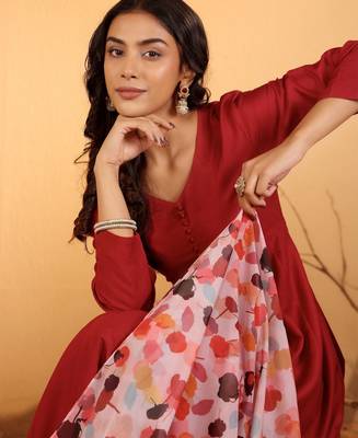 Maroon V-Neck Long Sleeves Anarkali Kurta With Palazzo & Dupatta 5