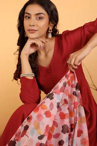 Maroon V-Neck Long Sleeves Anarkali Kurta With Palazzo & Dupatta