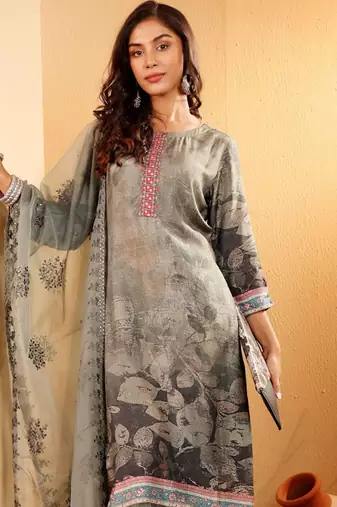 Floral Printed Thread Work Round Neck A-Line Kurta With Trousers And Dupatta