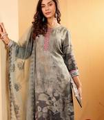 Floral Printed Thread Work Round Neck A-Line Kurta With Trousers And Dupatta