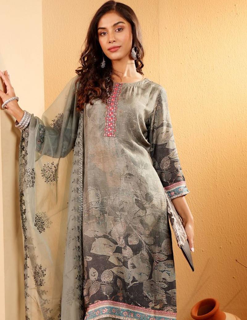 Floral Printed Thread Work Round Neck A-Line Kurta With Trousers And Dupatta