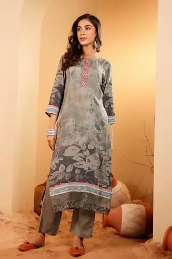 Floral Printed Thread Work Round Neck A-Line Kurta With Trousers And Dupatta
