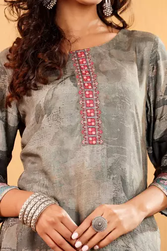 Floral Printed Thread Work Round Neck A-Line Kurta With Trousers And Dupatta