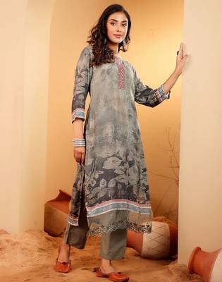 Floral Printed Thread Work Round Neck A-Line Kurta With Trousers And Dupatta 4