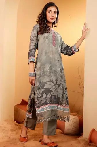Floral Printed Thread Work Round Neck A-Line Kurta With Trousers And Dupatta