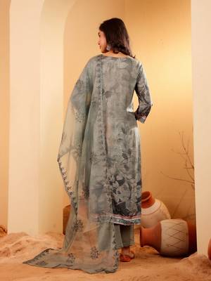 Floral Printed Thread Work Round Neck A-Line Kurta With Trousers And Dupatta 5