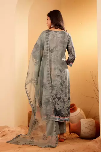 Floral Printed Thread Work Round Neck A-Line Kurta With Trousers And Dupatta