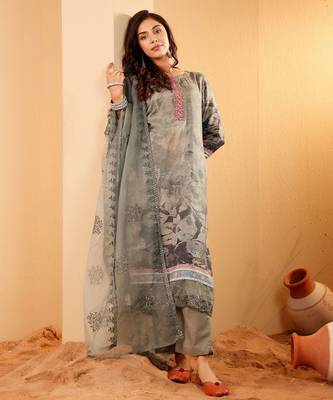 Floral Printed Thread Work Round Neck A-Line Kurta With Trousers And Dupatta 6