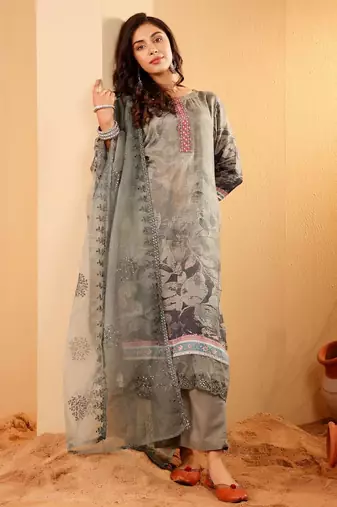 Floral Printed Thread Work Round Neck A-Line Kurta With Trousers And Dupatta