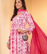 Floral Printed V Neck Pure Cotton A Line Kurta With Palazzos And Dupatta