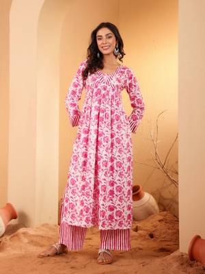 Floral Printed V Neck Pure Cotton A Line Kurta With Palazzos And Dupatta 2