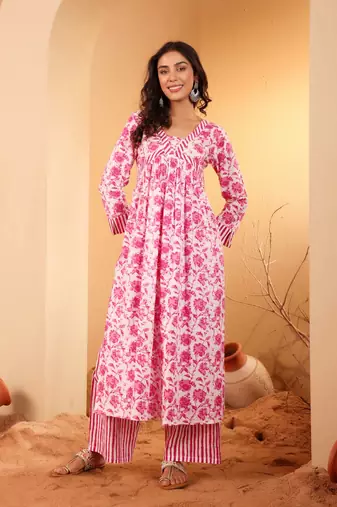 Floral Printed V Neck Pure Cotton A Line Kurta With Palazzos And Dupatta
