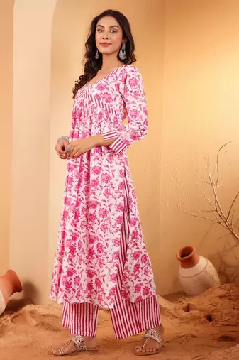 Floral Printed V Neck Pure Cotton A Line Kurta With Palazzos And Dupatta