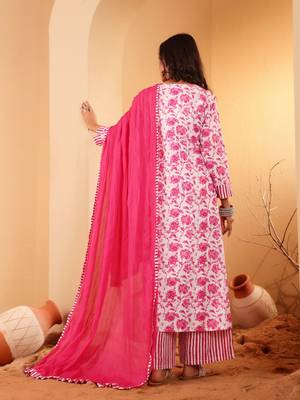 Floral Printed V Neck Pure Cotton A Line Kurta With Palazzos And Dupatta 5