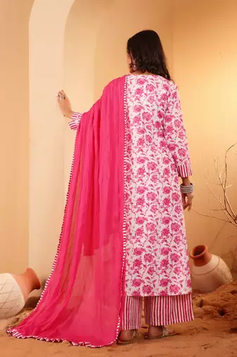 Floral Printed V Neck Pure Cotton A Line Kurta With Palazzos And Dupatta