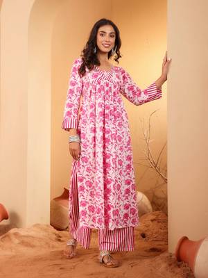 Floral Printed V Neck Pure Cotton A Line Kurta With Palazzos And Dupatta 6