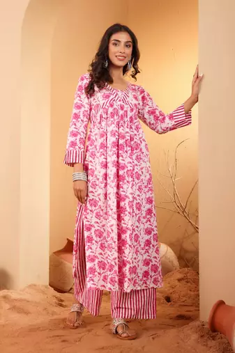 Floral Printed V Neck Pure Cotton A Line Kurta With Palazzos And Dupatta