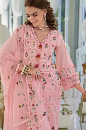 Women Floral Embroidered Regular Thread Work Pure Cotton Kurta with Trousers & With Dupatta