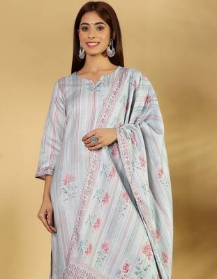 Floral Printed Straight Kurta With Trousers And Dupatta 2
