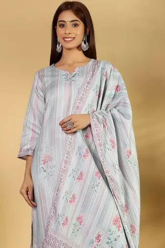 Floral Printed Straight Kurta With Trousers And Dupatta