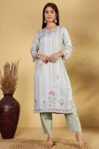 Floral Printed Straight Kurta With Trousers And Dupatta