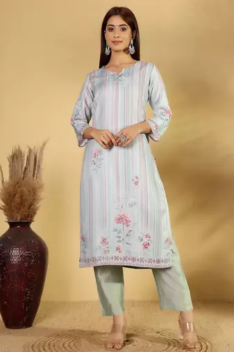 Floral Printed Straight Kurta With Trousers And Dupatta