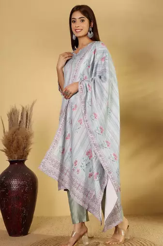 Floral Printed Straight Kurta With Trousers And Dupatta