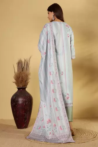 Floral Printed Straight Kurta With Trousers And Dupatta