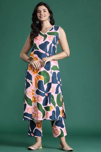 Floral Printed Panelled Pure Cotton Kurta with Trousers