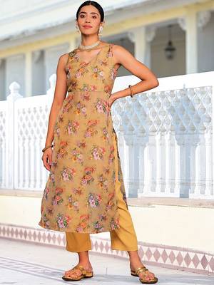 Beige Floral Printed V-Neck Straight Kurta With Trousers 1