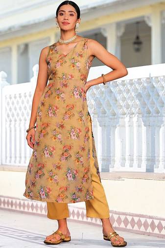 Beige Floral Printed V-Neck Straight Kurta With Trousers