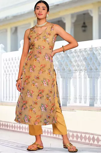 Beige Floral Printed V-Neck Straight Kurta With Trousers