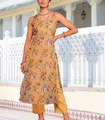 Beige Floral Printed V-Neck Straight Kurta With Trousers