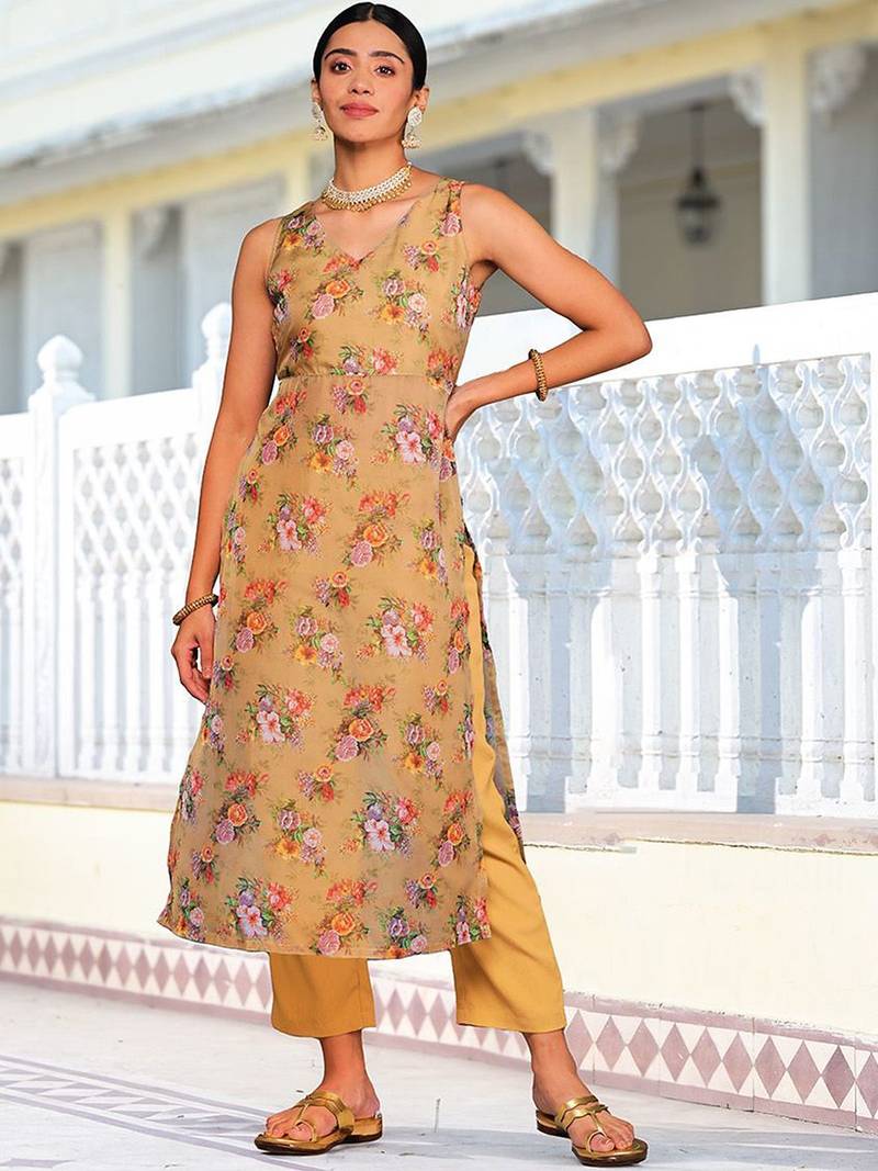 Beige Floral Printed V-Neck Straight Kurta With Trousers