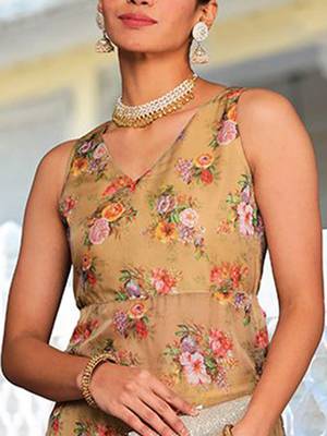 Beige Floral Printed V-Neck Straight Kurta With Trousers 2