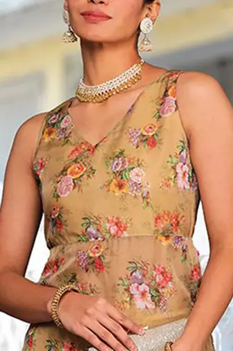 Beige Floral Printed V-Neck Straight Kurta With Trousers