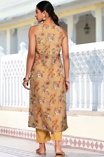 Beige Floral Printed V-Neck Straight Kurta With Trousers
